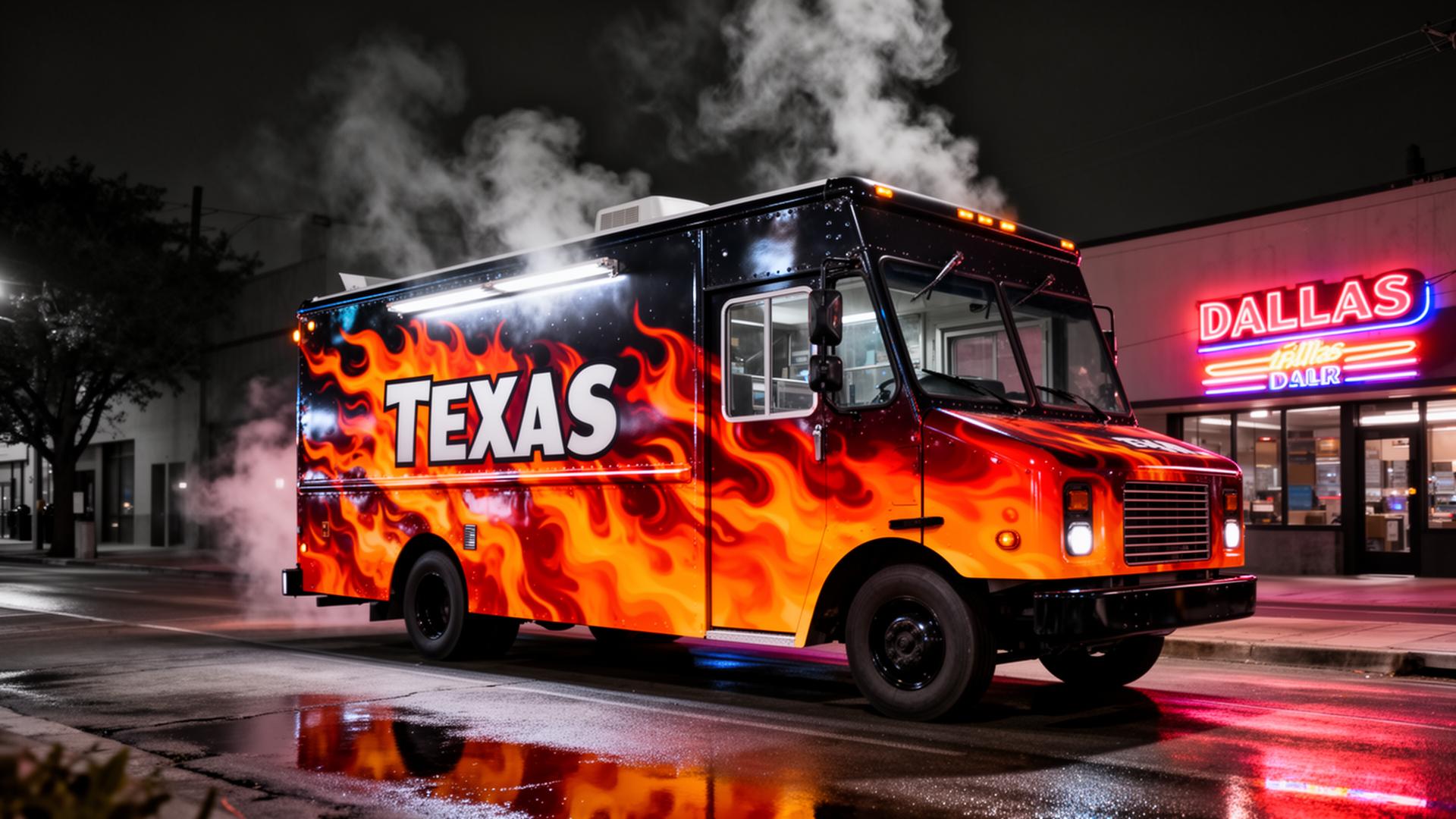 Dallas food truck wrapped in vibrant flame vinyl at night