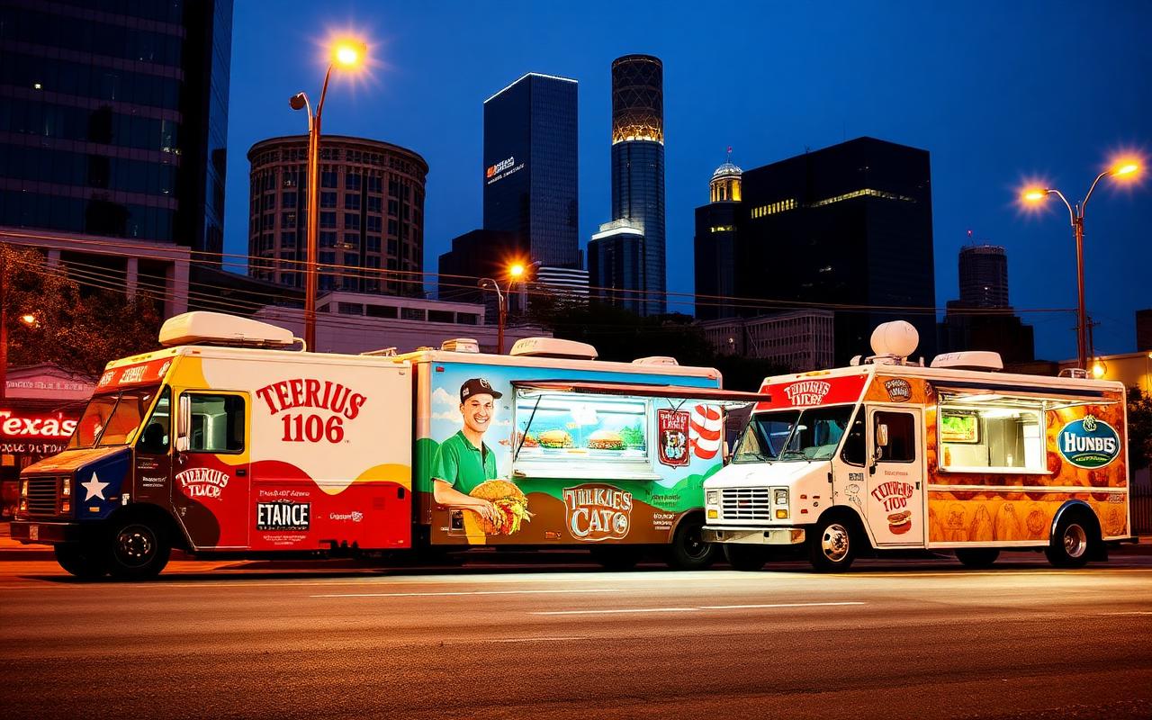 Lineup of wrapped Dallas food trucks at night
